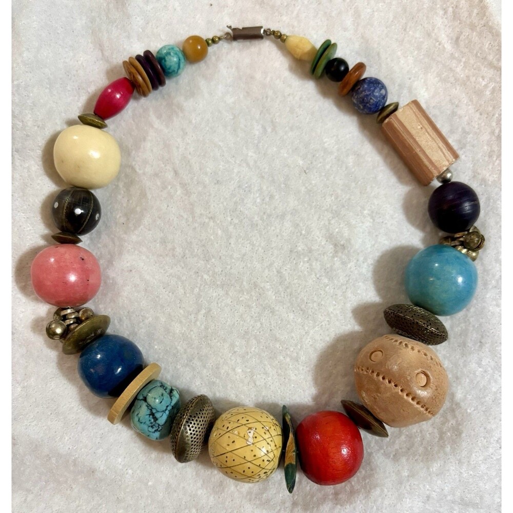 Handmade Colorful Carved Giant Wood Brass Bead Chunky Statement Necklace Boho